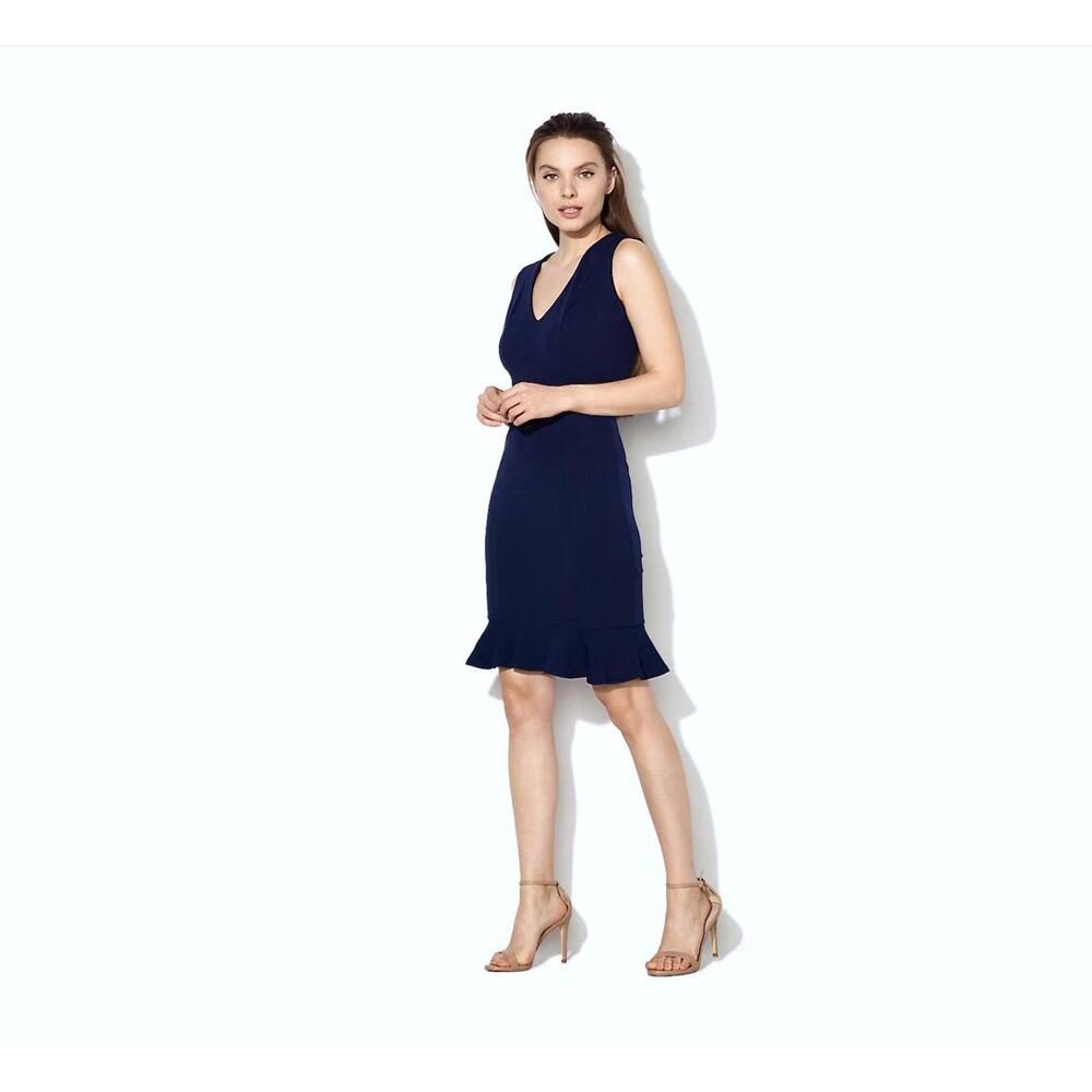 NWT Lipsy London Navy Flutter Hem Stretch Knit V Neck Dress